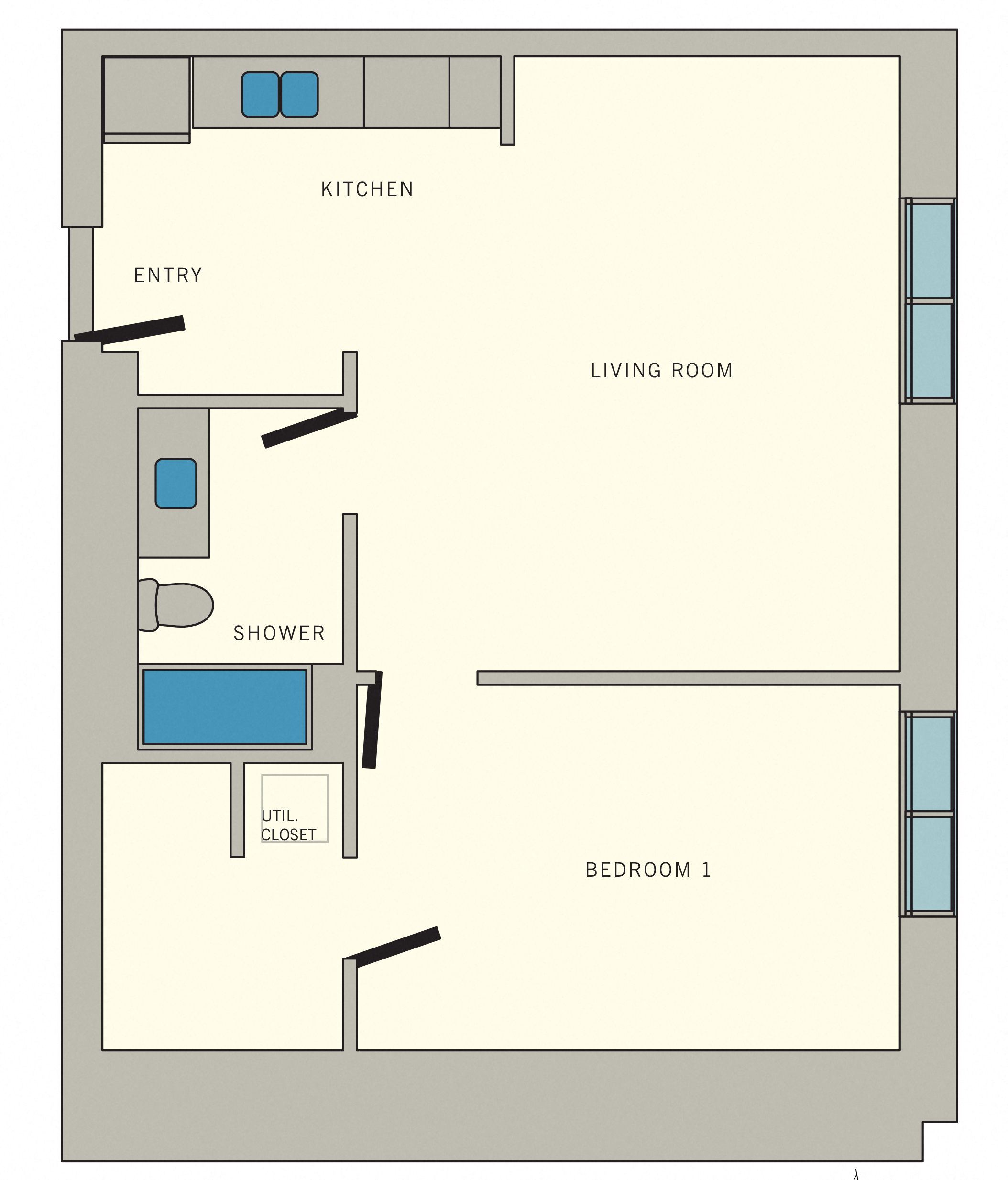 Floor plan for 1 bed, 1 bath, 751 sqft